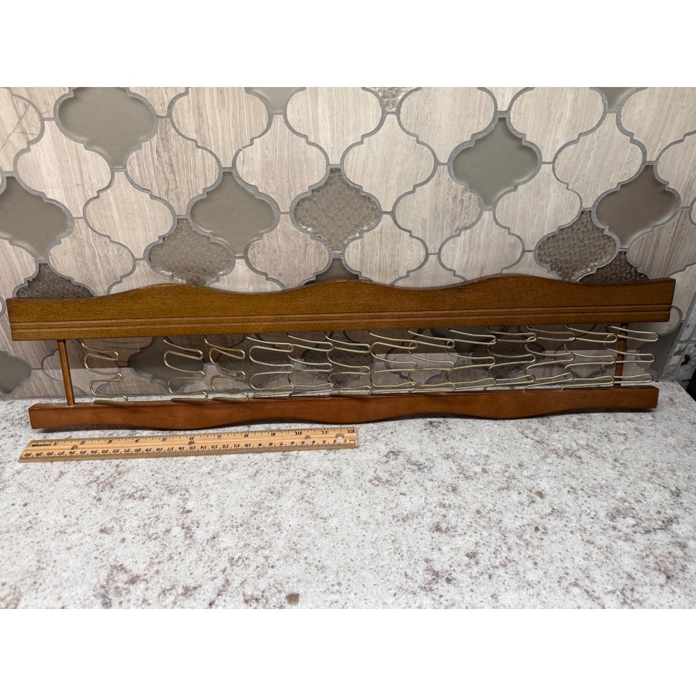 Vintage Lobeco Wood and Gold Wire Tie Belt Rack Wall Mount Organizer Handcrafted
